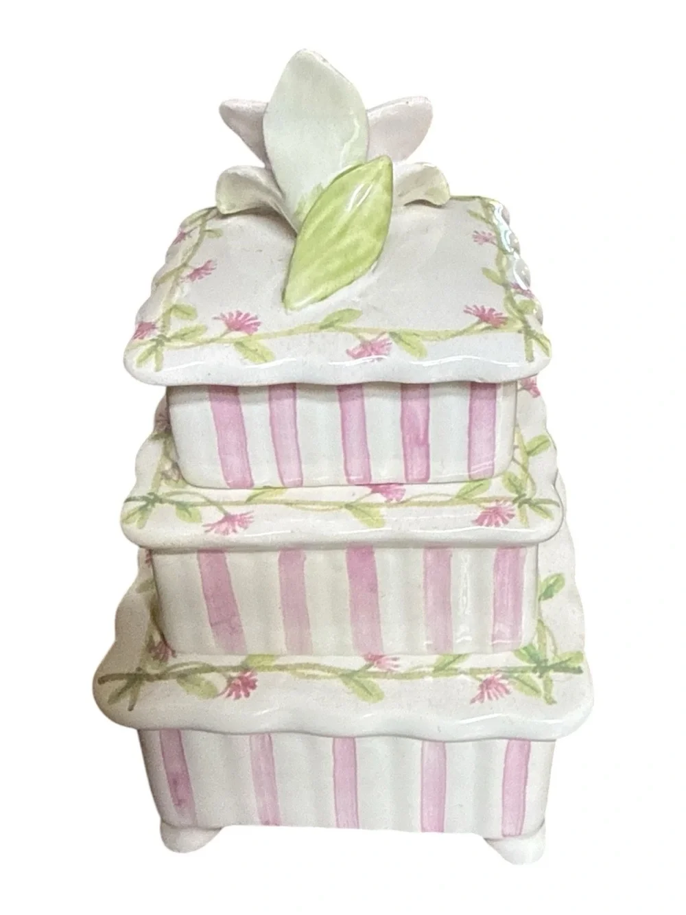Khim Vintage Porcelain Stacking Trinket Box Pink Stripe Floral Lily Finial